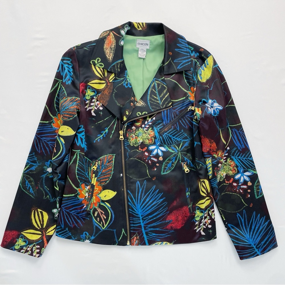 Chicos Whimsical Night Gretta Black Floral Jacket Size 0 Asymmetrical Zip Moto